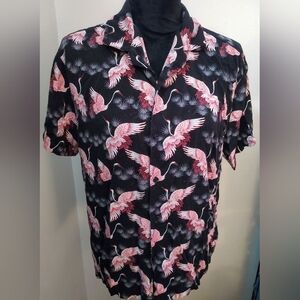 Forever 21 Black and Pink Crane Print Casual Button Down Shirt